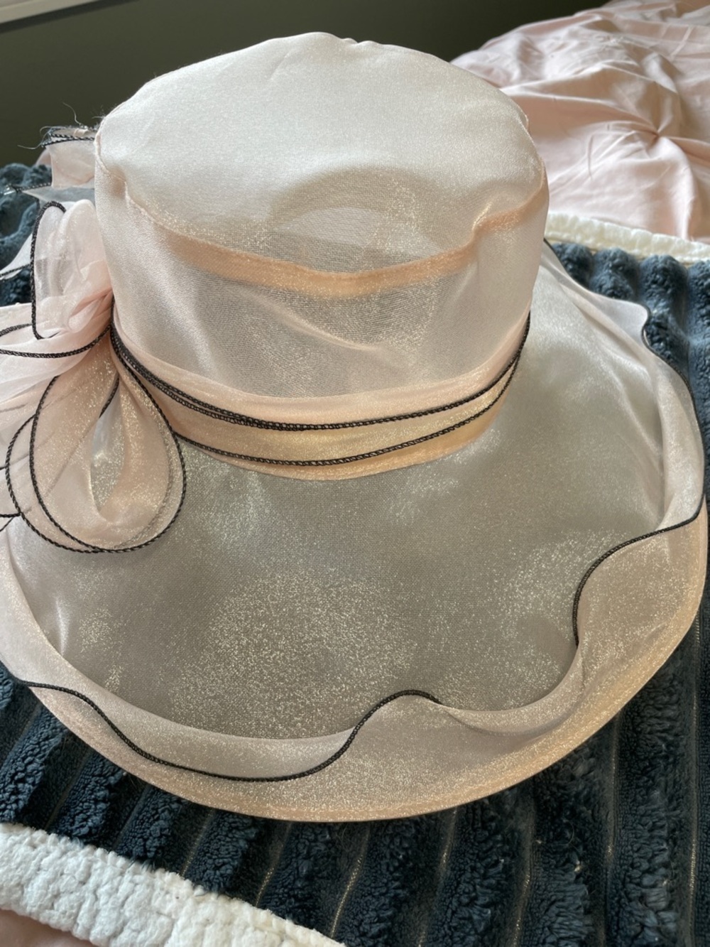 Kentucky Derby Vintage Elegant Women's Light Pink Sheer Organza Wide-Brim Hat - Picture 3 of 5